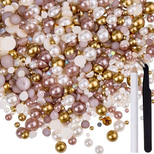 CRASPIRE Perlas Y Diamantes Imitación Resina Mixta 3mm A 10mm Semicirculares Doradas Blancas Y Marrones Bolígrafo Y Pinzas Manualidades Vasos Zapatos Arte Facial Uñas Decoración Botellas Álbumes