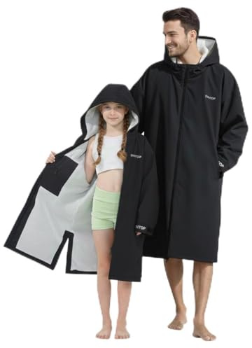 Owntop vattentät omlottkappa för vuxna barn – vindtät överdimensionerad surfponcho med fleecefoder för simning, strand, bad, svart, XS