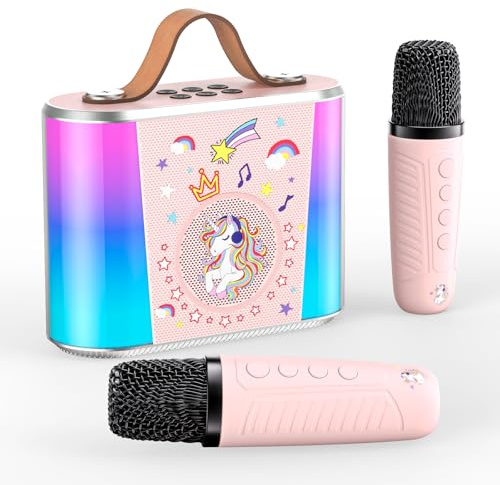 PKBD Kids Karaoke Machine,Haut-Parleur Bluetooth Portable avec 2 Microphones,Cadeaux pour 3-18 Ans Enfants Garçons Filles Familles Fête d'anniversaire (Rose)