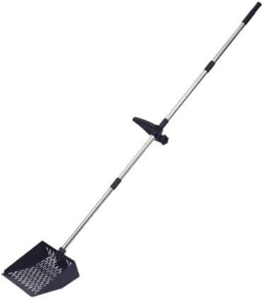 Colador de malla para excrementos de pollo con mango ajustable, acero al carbono, pala de arena para gatos, para limpieza de gallineros, 25,4 x 19,5 x 7,5 cm