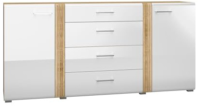 FURNLUX Adagio Sideboard, Oak & High Gloss Pure White, 190 x 42 x 90 cm, Modern, Laminated Chipboard & MDF, 2 Doors and 4 Drawers