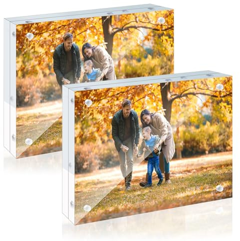 CALLYSONIC Lot de 2 mini cadres photo, 10 × 15 cm, sans cadre, magnétiques, double face, en acrylique, transparents, pour le bureau, la maison, 8 mm + 8 mm d'épaisseur, transparents