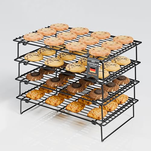 YOYIKKO 4 Kühlregale zum Kochen und Backen, 4 Etagen Abkühlgitter, zusammenklappbar, 26 x 41cm, kühle Chargen Kekse, antihaftbeschichtet und BPA-frei, ofen- und spülmaschinenfest (schwarz200)