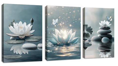 3 Pcs Zen Piedras Blanco Loto Flor Modernos Cuadros Decorativos Azul Loto Flor Mariposa Cuadros Agua Lirio Estanque Lienzo Cuadros Decorativos Salón Dormitorio de Pared Spa Yoga Habitación 50x70cmx3