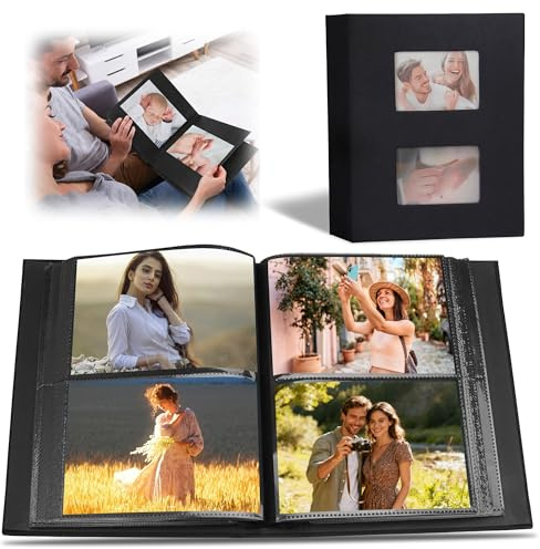 Álbum de fotos (15 x 10 cm, 200 fotos), color negro | 100 páginas 50 hojas con ventana frontal para boda, familia, parejas, amigos, regalo
