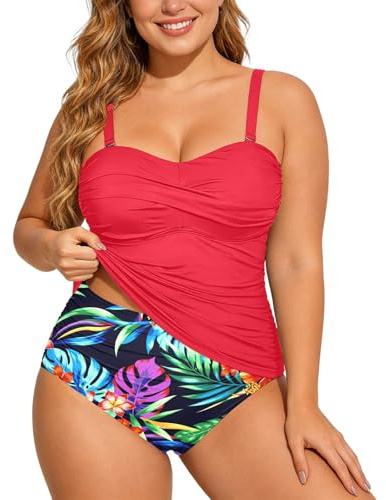 Maillot de Bain Tankini Femme Grande Taille Ventre Plat 2 Pièces Gainant Ensembles Maillots Deux Couleur Solide Haut Bas Taille Haute Natation pour Plage Vacances Baignade Dames Élégan