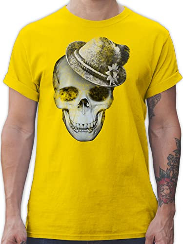 T-Shirt Herren - Kompatibel Oktoberfest - Totenkopf mit Filzhut - 3XL - Gelb - trachtenshirt bayrische Trachtenmode t Shirt Octoberfest Skull Tshirt oktoberfestkleidung Oktoberfest-t-Shirt