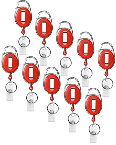 Karteo Ausweishalter Jojo ausziehbar rot [10 Stück] Ausweis Jojo mit Karabinerhaken und Gürtelclip und Vinylschlaufe als Ausweishalter für Kartenhüllen Ausweishüllen
