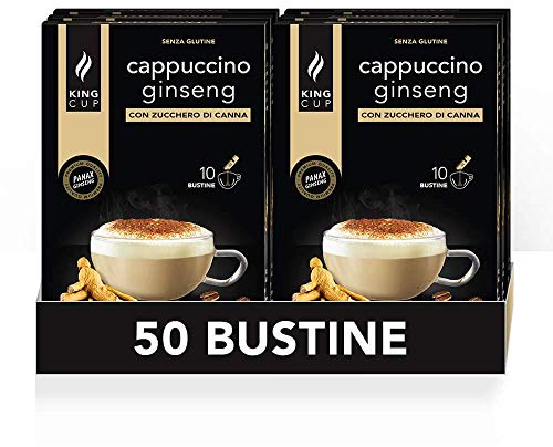 King Cup - 5 Packungen mit 10 Ginseng Cappuccino mit Zuckerrohr Lösliche Beutel, 50 Sticks von 10 Gr für Ginseng Getränk, zu Heißem 60 ml Wasser Geben, Glutenfrei