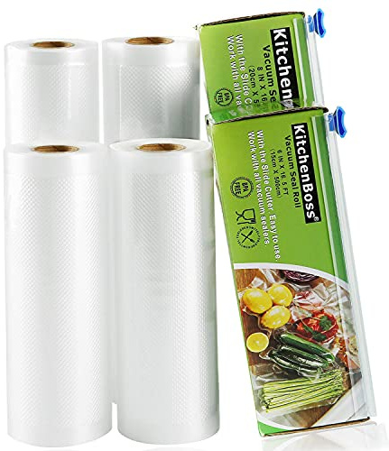 KitchenBoss - Bolsas de vacío para alimentos, 4 rollos de 15 x 500 cm y 20 x 500 cm, total 20 m, (no más tijeras) rollos de bolsas en relieve, para almacenamiento de alimentos y cocción al vacío