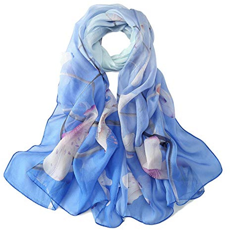 JWSilk Sciarpa lunga in chiffon di seta con stampa floreale, Blu, 69x26
