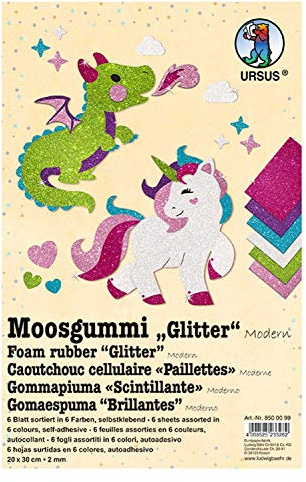 Ursus 8500099 - Moosgummi Glitter Modern, 6 Blatt in 6 verschiedenen Farben, ca. 20 x 30 cm, 2 mm stark, selbstklebend, lichtbeständig, wasserfest, flexibel und knickfest, vielseitig verwendbar