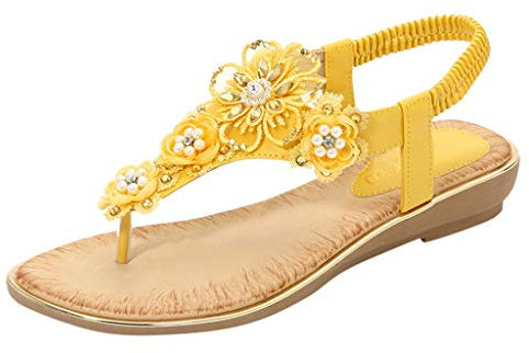 Sandalen Frauen Sommer Blume Kristall Perle Flip Flops Strand Freizeitschuhe (37,Gelb)
