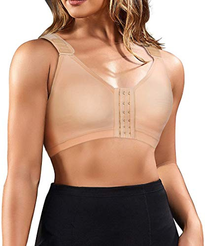CHUMIAN Reggiseno Sportivo Post-Chirurgico Donna Bralette Senza Ferretto Taglie Forti Reggiseni con Chiusura Frontale (Beige, L)