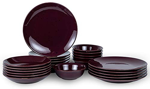 Geschirrset 24-teilig aus Porzellan für 6 Personen | Tiefe Suppenteller, Flache Essteller, Dessertteller und Schüsseln | Hochwertiges modernes Tafelservice Kombiservice | Bordeaux Schwarz