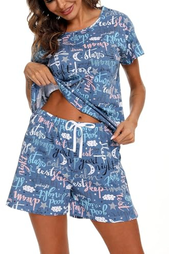 ENJOYNIGHT Pigiama corto da donna Set pigiama in cotone Top a maniche corte e pantaloni corti Biancheria da notte estiva in due pezzi Tuta da casa Loungewear, Blu, L