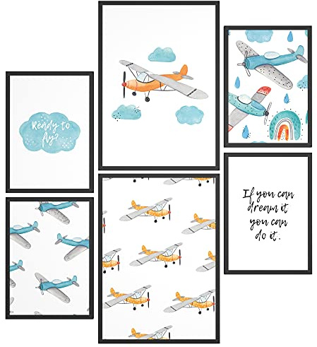 Papierschmiede® Bilder Kinderzimmer Kids Mood Poster Set Flugzeuge, Kinderzimmer Bilder Babyzimmer Deko, 2x DIN A3 und 4x DIN A4, Wolken Fliegen Blau Gelb - Kinderposter ohne Rahmen