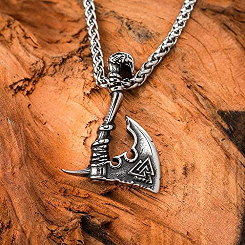 YABEME Viking Herren Axt Anhänger Halskette, Valknut Rune Amulett Symbole aus Edelstahl gravieren, Authentisches nordisches skandinavisches Schmuckgeschenk,20 inch