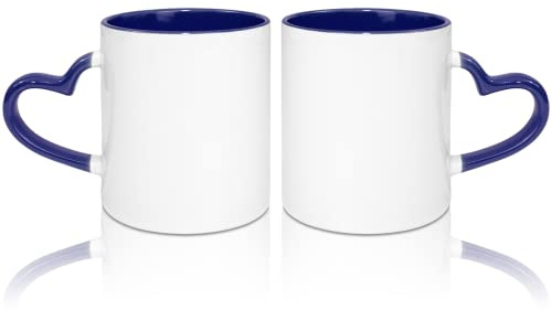 MR.R 11 Unzen Sublimation blanko Kaffeetassen, Tasse blanko weiße Tasse Tasse mit dunkelblauer Farbe Tasse innen und Herzgriff, 2er-Set