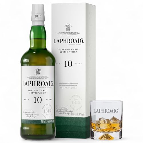Laphroaig 10 Year Old Scotch Whisky & Glass | Islay Single Malt Whisky | Peated | Smoky, Salty and Sweet | Double Gold Medal SF World Spirits Competition 2022 | 40% ABV | 70 cl