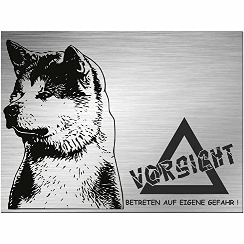 Indigos UG - Schild Akita Inu - bedruckt - Vorsicht Betreten auf eigene Gefahr! - Aluverbundplatte Edelstahl Look - 20x15 cm - Spruch - Deko Geschenkidee für Ihren Hund - Zaun - Türschild