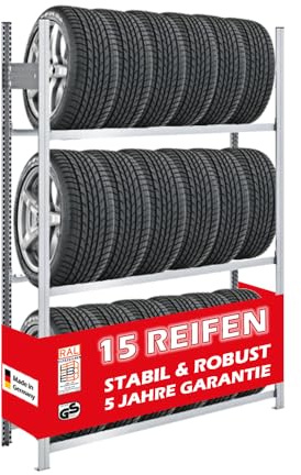PROREGAL Reifenregal TIRE PRO Made in Germany | Grundregal | HxBxT 200x130x43cm | 150kg Fachlast | bis zu 15 Reifen auf 3 Ebenen | Verzinkt | Reifenständer Garagenregal