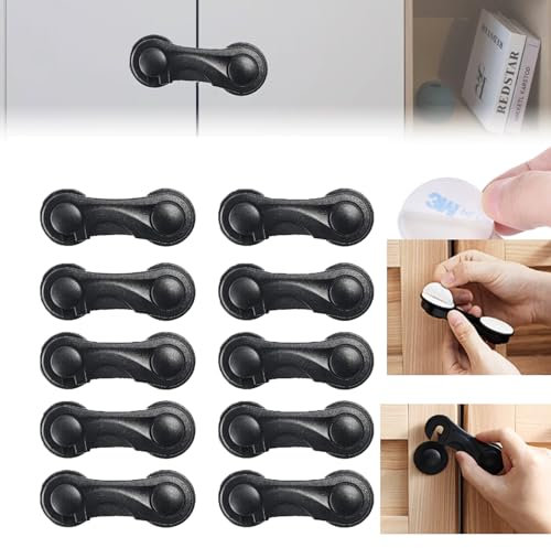 10 unidades de seguridad infantil para armarios y cajones, fuertes adhesivos, color negro, seguridad infantil, para armarios, cajones, sin taladrar, para muebles de cocina