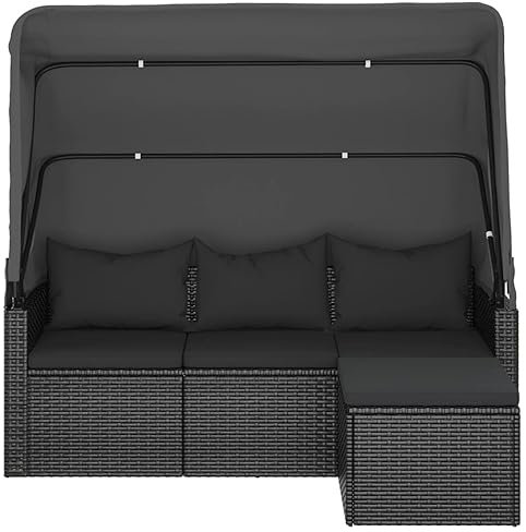 Gecheer Sonnenliege mit Dach, Gartenbett, Gartensofa 3 Sitzer und Fußhocker Gartenmöbel Poly Rattan Schwarz
