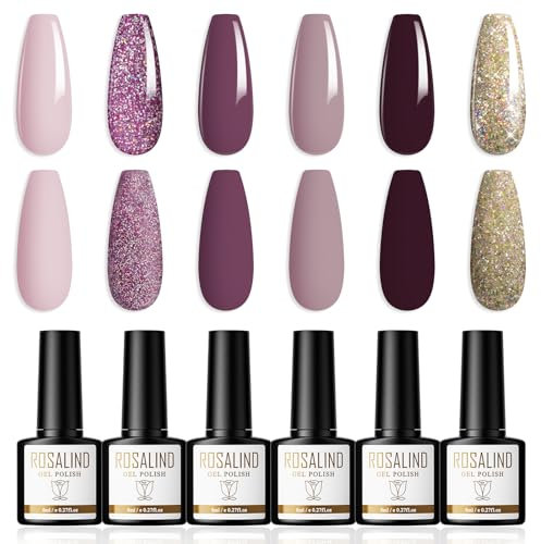 ROSALIND Esmaltes Semipermanentes Para Uñas, 6 Colores Pintauñas Semipermanentes Lila Morado Oscuro Dorado Glitter Pintauñas Gel Nail Polish Soak Off UV/LED, Nail Art DIY de Otoño e Invierno, 8ml