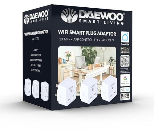 Daewoo Smart Plug For Standard UK Plug Use, WIFI Operated Via Smart Life App On IOS And Android With Connection To Alexa And Google Home For Voice Control, Energy Monitoring, Schedule And Timer 3 Pack