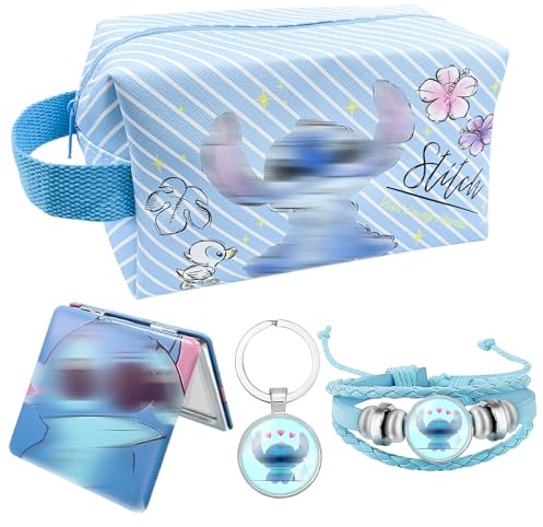 Trousse de Toilette Stitch, Trousse de Toilette Stitch Fille, Trousse 4pcs Cadeau Trousse à Crayons de Toilette Femme Cartoon Makeup Bag, Sac de Maquillage de Voyage (Bleu)