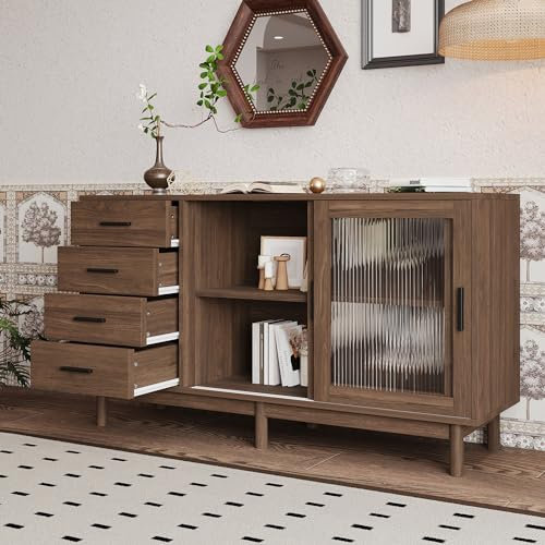 Moimhear Elegante Aparador de Madera Aglomerada Color Nogal Con Vitrina de Cristal, 4 Puertas Con Rayas Verticales, Armario de Esquina Para Salón (2 Puertas, 140 x 40 x)