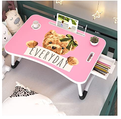 Moderner Laptop-Betttisch mit Cartoon-Muster, Getränkehalter/Kartenfach/Griff/Schublade/Klappbein-Betttablett, Bett, Sofa, Essen, Schreiben, Schreiben (Rosa 2)