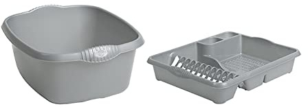 M1SS Set of Large Dish Drainer Tray Plate Rack Draining Board Stand With 39cm Rectangular Washing Up Bowl Plastic Kitchen Organiser Sink Holder (Silver)
