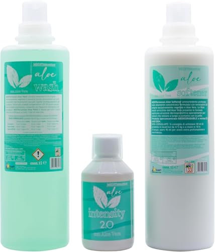 HOME PRO Kit Lavaggio Professionale Completo ALOE, Ammorbidente 1L, Detersivo Lavatrice 1L, Essenza Bucato Igienizzante 250ml, Ipoallergenico Profumato Concentrato