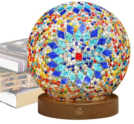 Lampada notturna in vetro – Lampada da scrivania a LED con mosaico vintage | Lampada a rotonda alimentata tramite USB, stile bohémien, barocco colorato, decorazione da tavolo per camera da