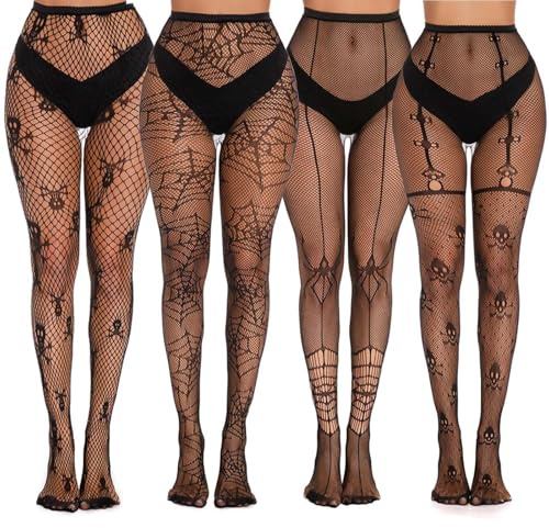 XoeLLe 4 par halloween strumpbyxor dam spindel strumpbyxor tillbehör halloween dam kostym svart fisknät strumpor gotisk kostym karneval fest (spindel dödskalle)