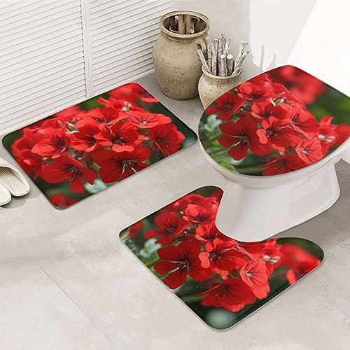 Badteppich-Set 3-Teilig Rote Geranien Druck Badezimmer Vorleger 3-Teiliges Wasserabsorbierend Wc Vorleger Set 3 Teilig rutschfeste Badematte Für Schlafzimmer Dusche Badezimmer