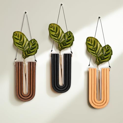 HINMAYGO 3 Stück Holz-Wand-Pflanzgefäß für den Innenbereich, Blumenwandvase, Glas, Wandmontage, U-Form, hängende Pflanzgefäß, Anzuchtstation, Wanddekoration für Wohnzimmer, Schlafzimmer, Badezimmer