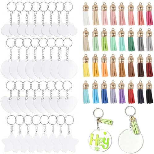 Annyswit 96 Stück Acryl Schlüsselanhänger Rohlinge Set, 4 Formen schlüsselanhänger selber machen, mit 32 bunten Quasten & Schlüsselringe schlüsselanhänger basteln für Plotten, Aufkleber(32 Sets)