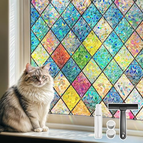 Qualsen Pellicola per Vetri Finestre 90x200cm, Effetto Arcobaleno Motivo a Rombi Pellicola Privacy Finestre Decorativa Elettrostatica Non Adesiva Anti-UV Opaca per Casa Ufficio Cucina
