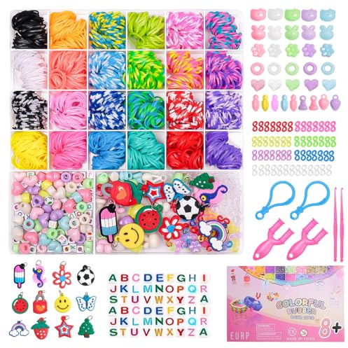 JHWELRG1900+ Loom Bänder Set, 24 Rastern Gummis Bänder Starter Set,DIY Gummibänder für Armbänder Basteln mit Clips,Charms,Perlen und Anderem Zubehör Geschenke für Mädchen Jungs kinder