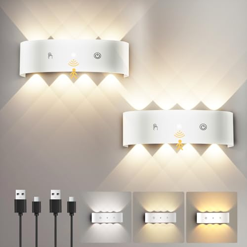 YrgePowk 2 Stück Akku Wandleuchte Innen 6000mAh - LED Wandlampe mit Bewegungsmelder Kabellose Wandleuchte Ohne Stromanschluss USB Aufladbare 3 Farb Einstellbar Wand Lampe Weiß