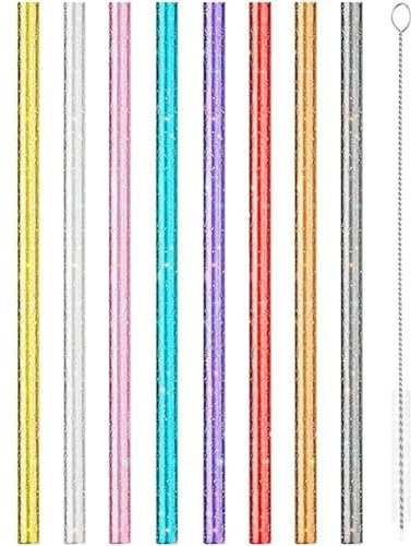 HoAhaMay 8 Pièces Pailles Réutilisables, Longues Pailles Scintillantes 30 cm Pailles en Plastique Épaisses Réutilisables Pailles Transparentes Colorées avec Brosse de Nettoyage (Multicolore)
