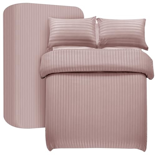 My home store Set copripiumino per letto singolo, 3 pezzi, copripiumino a righe satinate, in morbida microfibra spazzolata, con lenzuolo con angoli profondi 30 cm e 1 federa (rosa cipria)