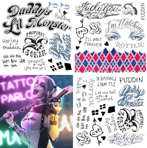 HQ Tattoos Temporary Halloween - 13Sheets Joker Temporary Tattoos for Suicide Squad Costume Joker Smile Hand Mouth Damaged Fake Tattoo Stickers Masquerade Cosplay Party Accessories Makeup