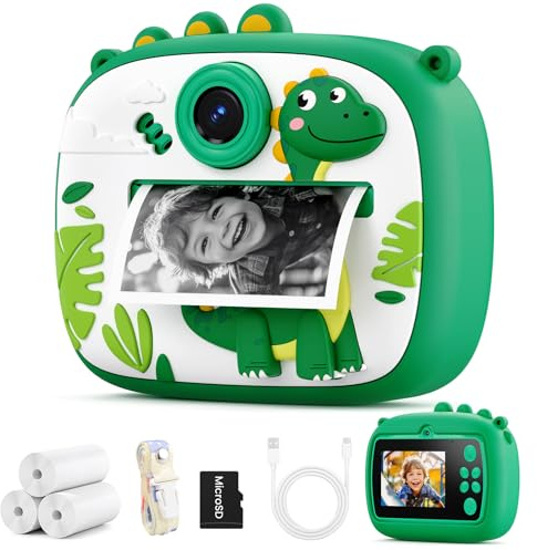 YOZISS Kids Camera Instant Print 1080P HD Instant Camera for Kid | Selfie Vedio Kids Digital Camera with 3 rolls of photo paper, Christmas Birthday Toy Gift for Girls Boys ages 3-12, Green