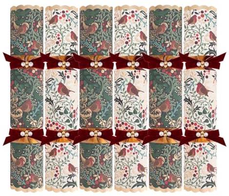 YöL Pack of 6 Exquisite Red Robin Christmas Crackers - 13.5 Green White Festive Holly Foliage Xmas Holiday Dinner Table Decorations - Novelty Fun Prizes Gifts Contains Hats Jokes