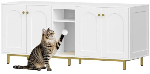 Hzuaneri Kattskåp för 2 Katter, Kattlåda, dolt Katthus med Dubbelrum, med Förvaringsutrymme, Plyschbollar, kan Användas som TV-Skåp, 140 x 48 x 62 CM, Vit och Guld CB86513AV1