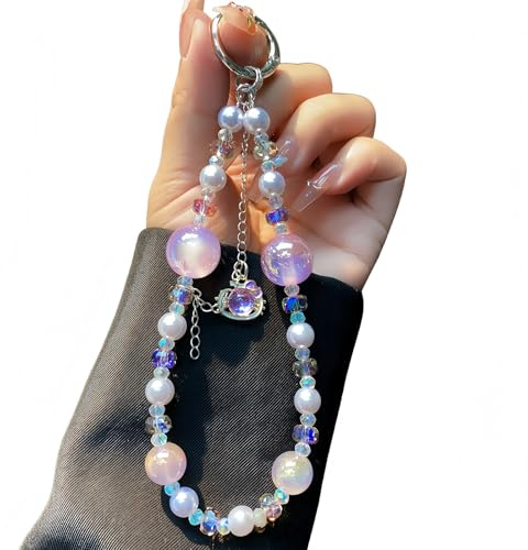 LY&SASIF Phone Charm with Crystal/Handpainted Bead, Kawaii Hands-Free Wrist Strap for Women Girl, Water brick cartoon cat head mobile phone chain, Luxury Bling Diamond Glitter Beaded, Phone Lanyard
